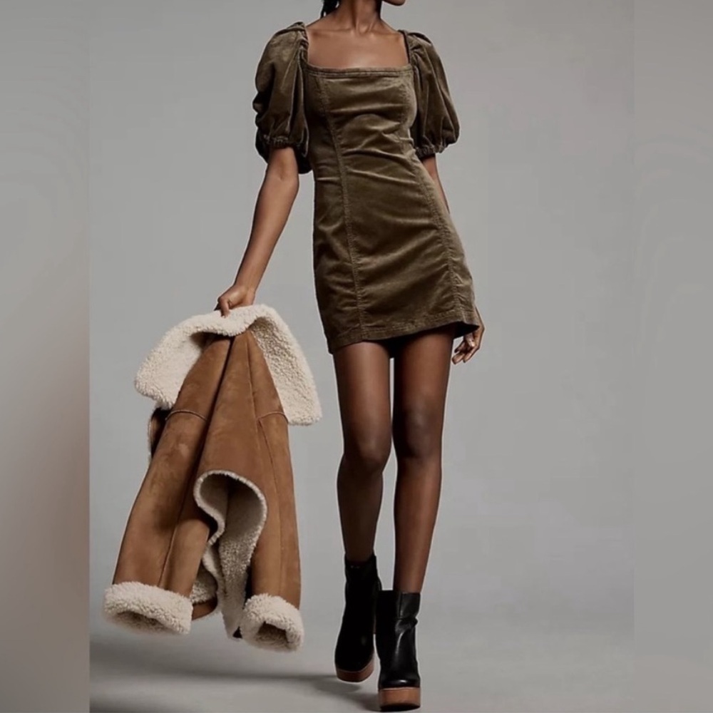 NWT PILCRO by ANTHROPOLOGIE Puff Sleeve Square Neck Corduroy Mini Dress - Picture 2 of 15
